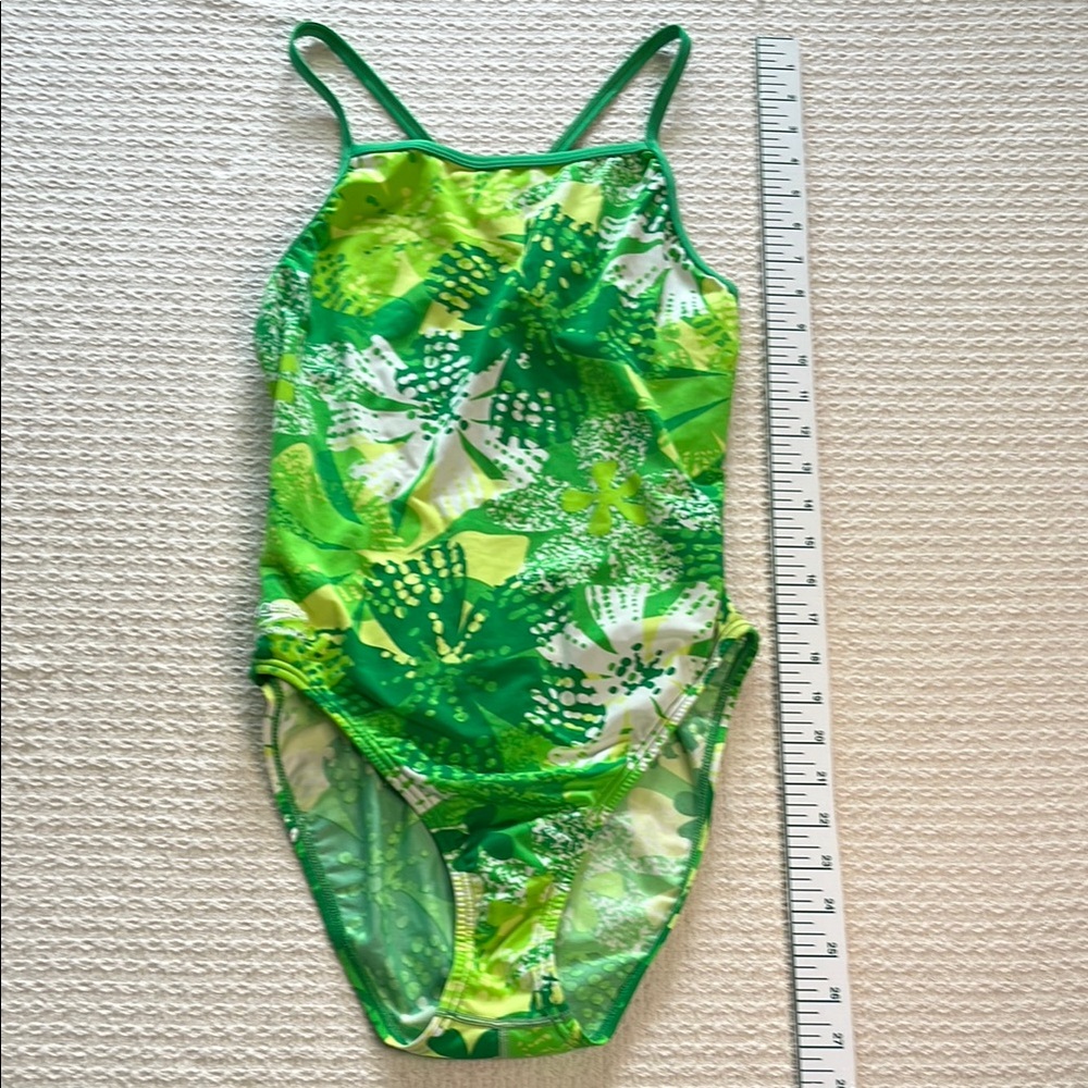 Speedo women's one-piece tank bathing suit, bright greens and white, front lined
